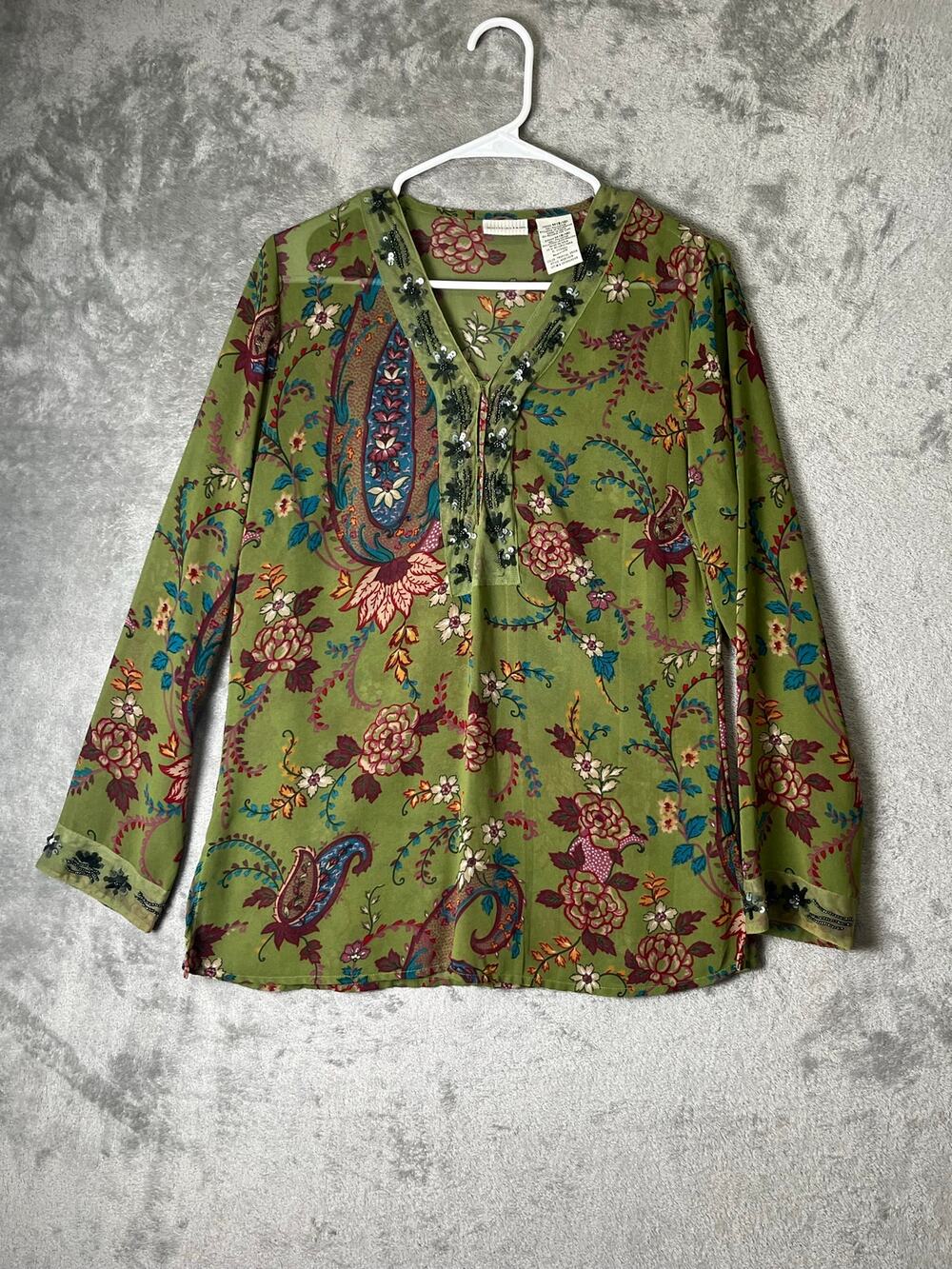 Vintage Boho Paisley Floral Beaded Tunic Top Olive Green Hippie Cottagecore Med